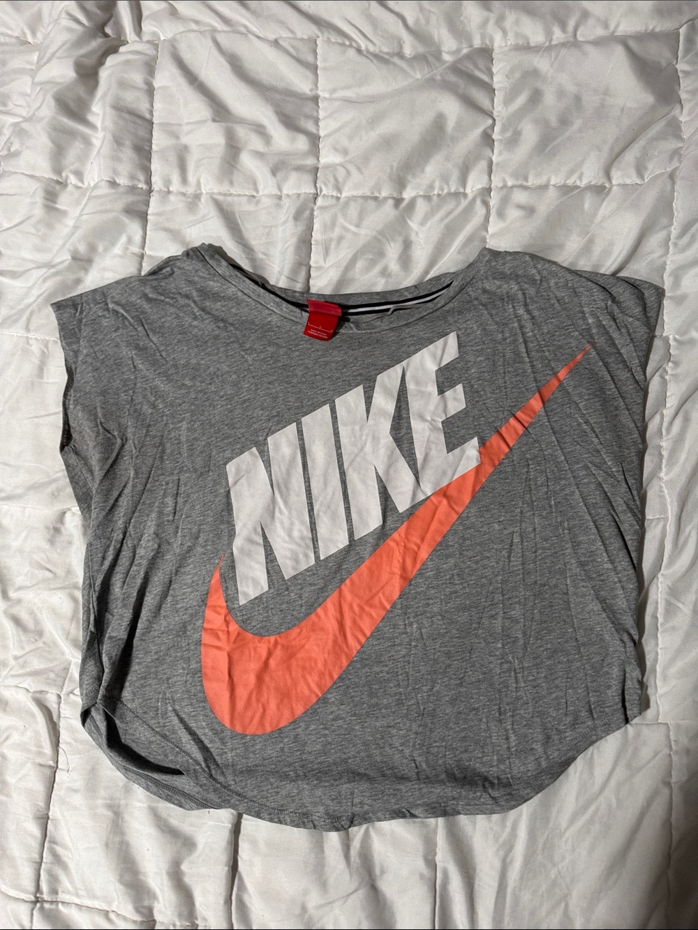 Nike Women’s Gray Tee with Coral Swoosh and White Logo